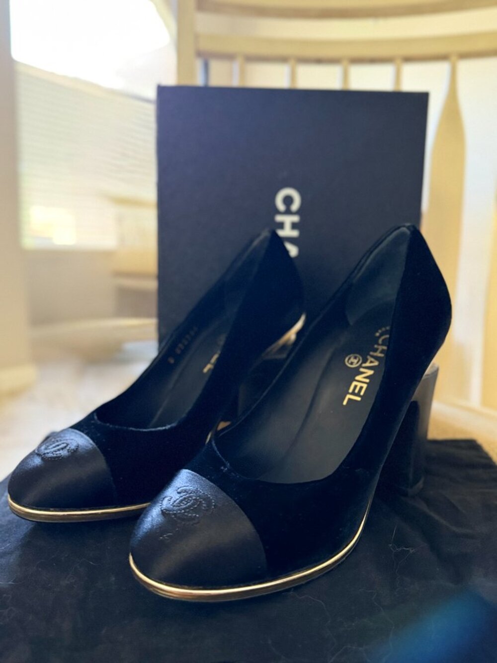 CHANEL Black Velvet Satin Cap Toe CC Pumps Heels Size 39